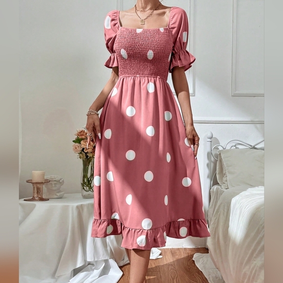 Frenchy Polka Dot Print Square Neck Puff Sleeve Ruffle Hem Dress - Picture 3 of 4
